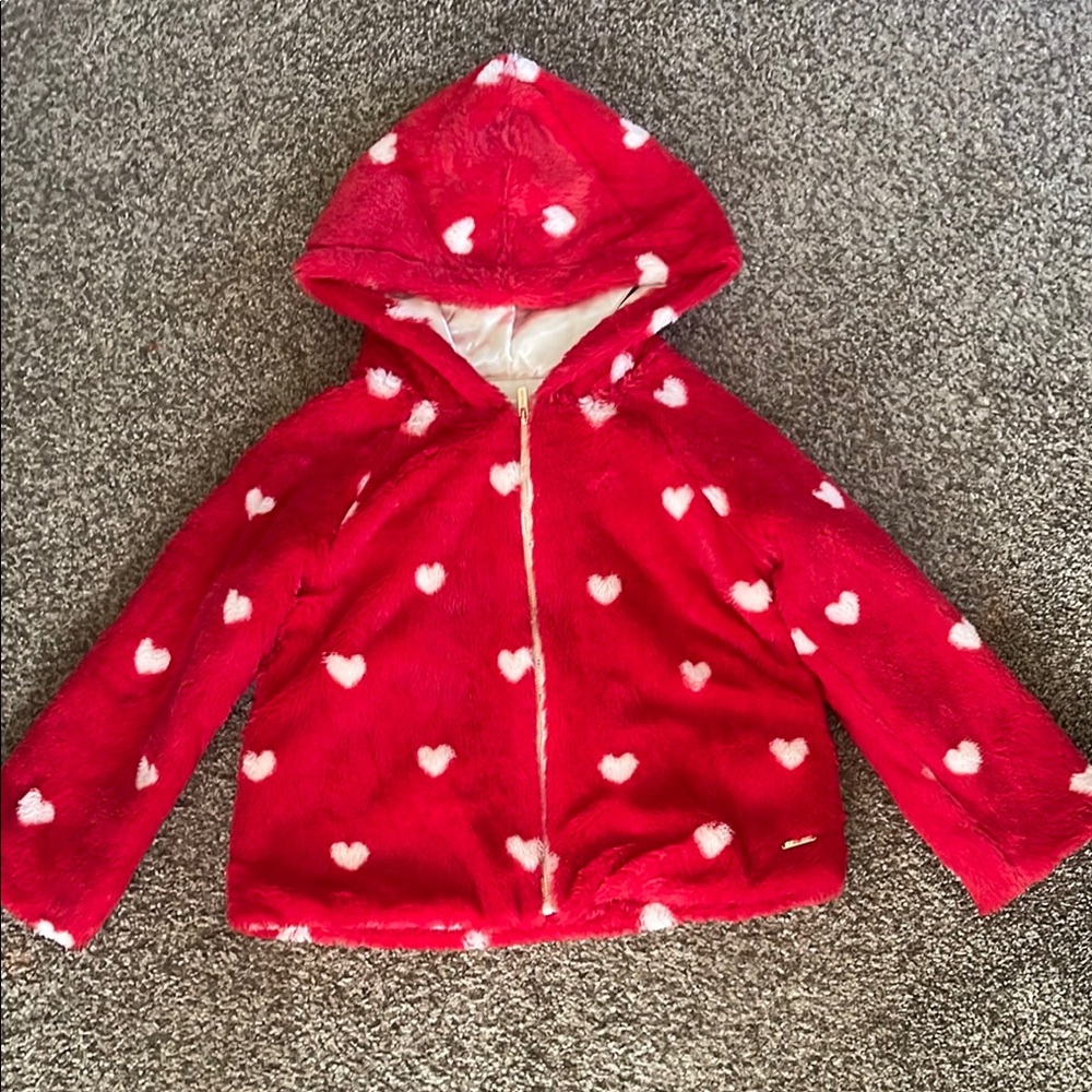 Fuzzy Tahari coat with hearts